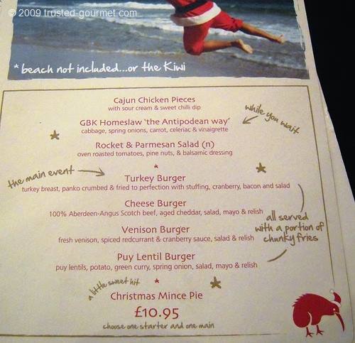 The Christmas menu at GBK